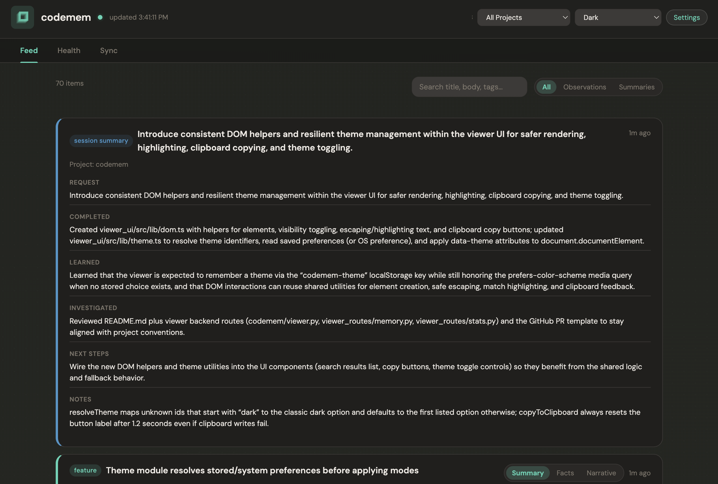 codemem viewer showing the feed, sync tab, and memory details