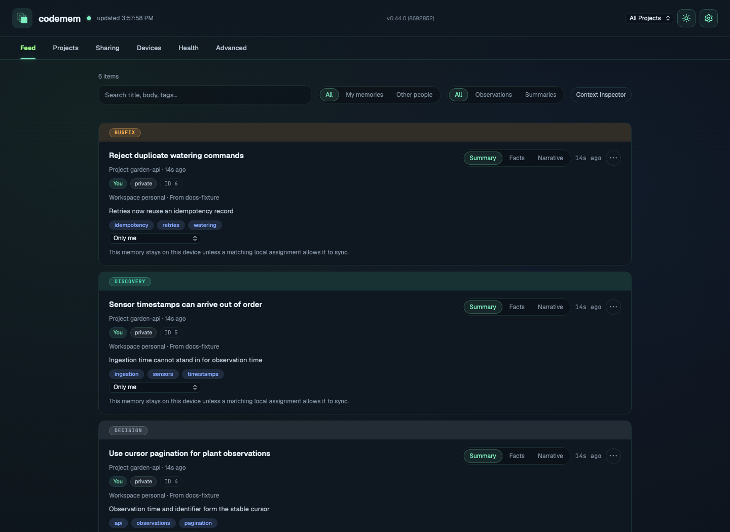 codemem Feed in dark theme showing invented coding decisions, discoveries, and fixes