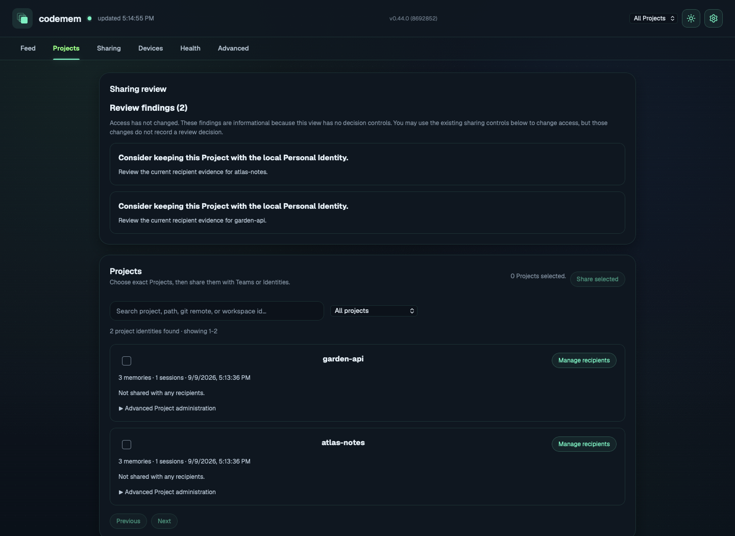 Projects in dark theme showing Atlas Notes and Garden API with no recipients and two informational sharing-review findings